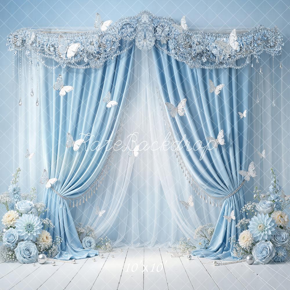 Kate Blue Curtain Floral Butterfly Elegant Backdrop Designed by Emetselch