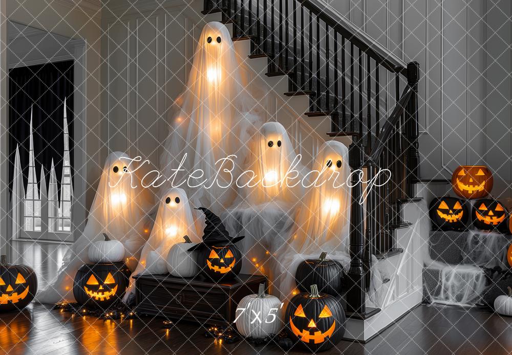 15% OFF Kate Halloween Ghosts Pumpkins Cobwebs Stairs Backdrop Designed by Mini MakeBelieve - Kate Backdrop AU
