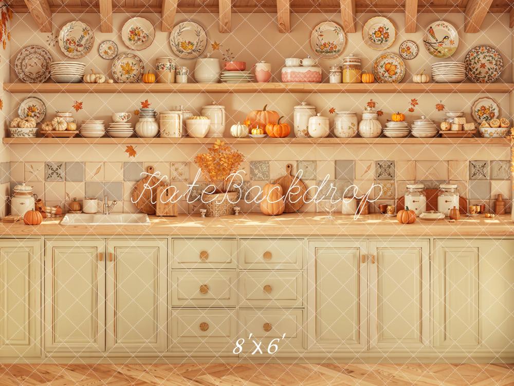 Kate Autumn Kitchen Pumpkins Fleece Backdrop Designed by Emetselch