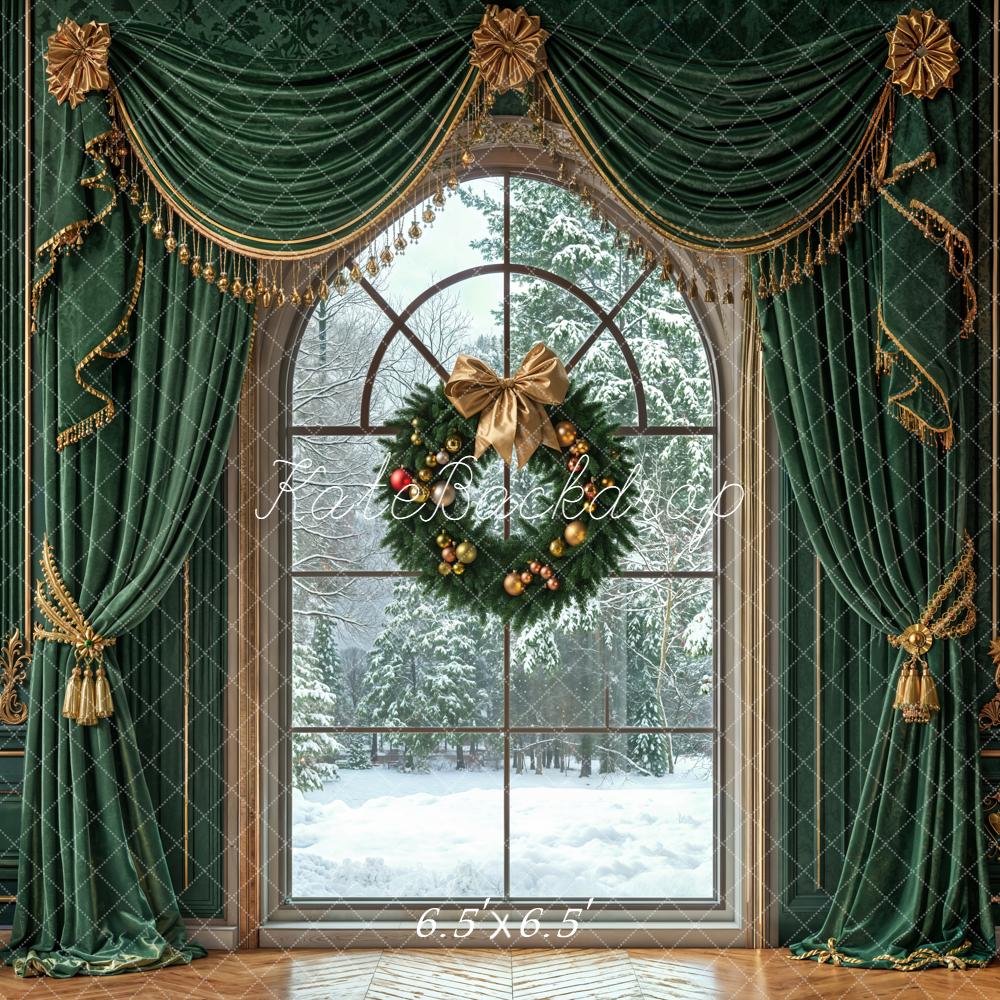 Kate Christmas Window Green Curtains Backdrop Designed by Emetselch - Kate Backdrop AU