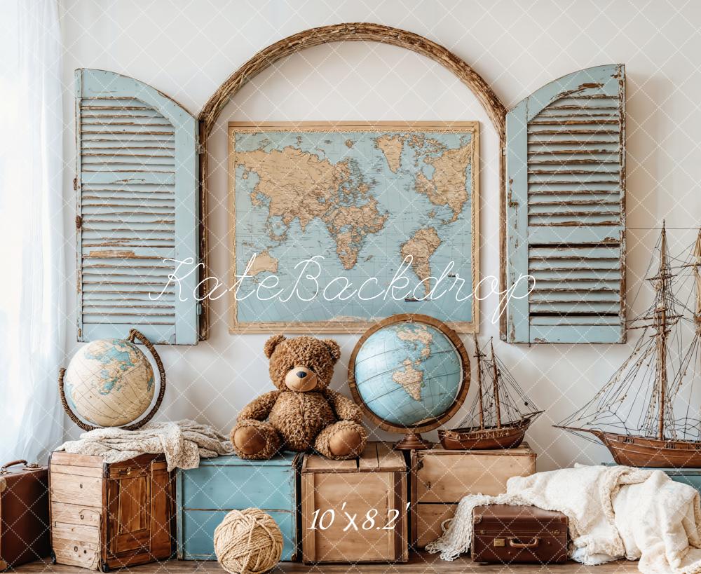 Kate Vintage Map Globe Teddy Bear Nautical Backdrop Designed by Emetselch - Kate Backdrop AU