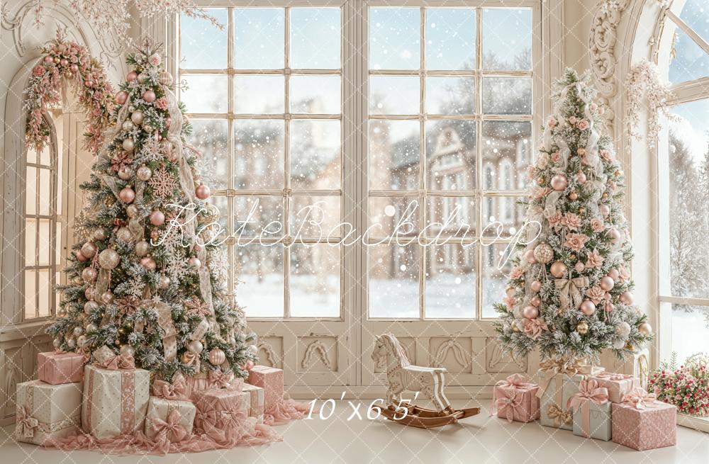 Kate Christmas Trees Window Presents Fleece Backdrop Designed by Emetselch - Kate Backdrop AU