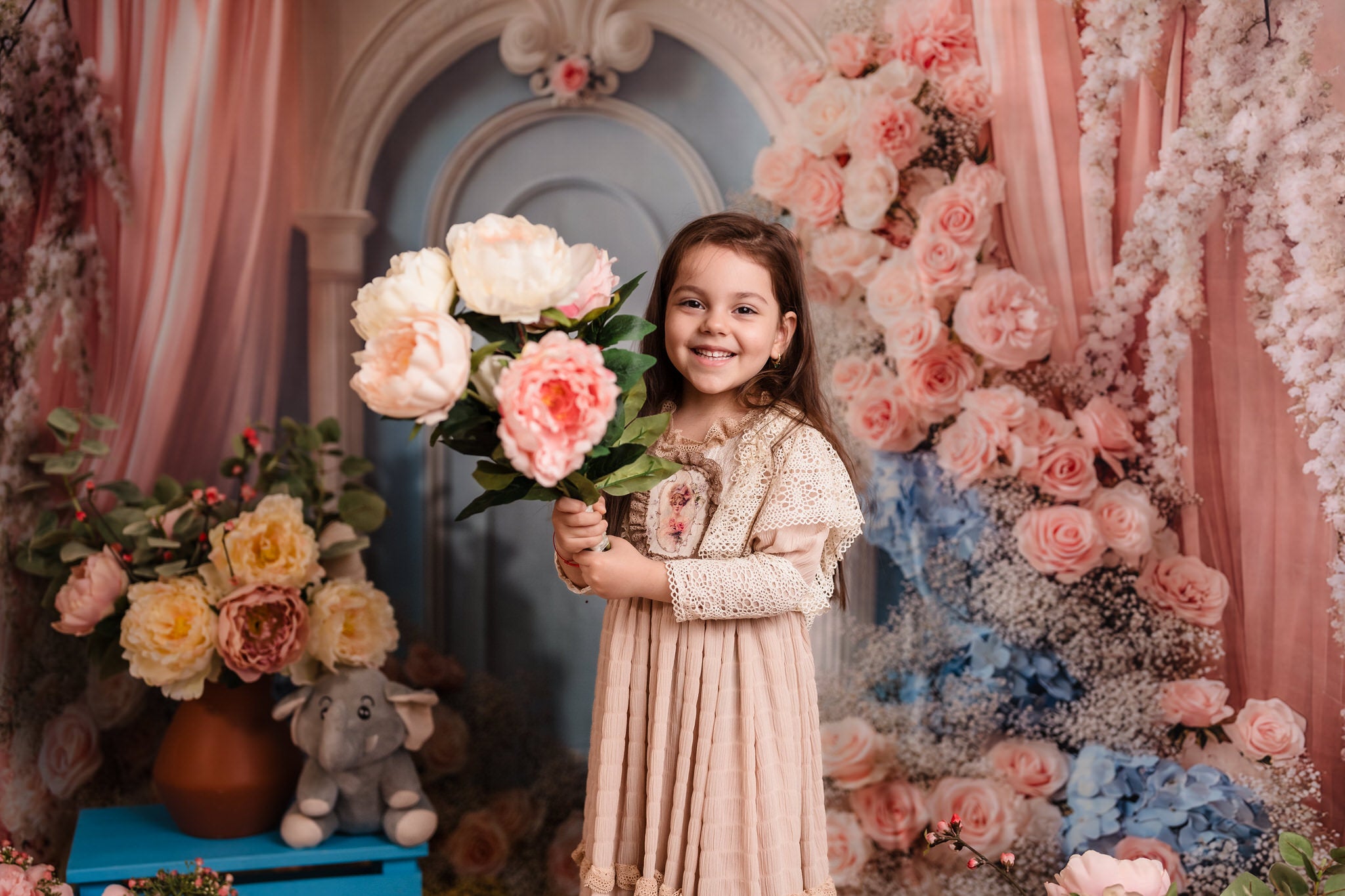 Kate Dreamy Floral Arch Pink Blue Backdrop Designed by Mini MakeBelieve
