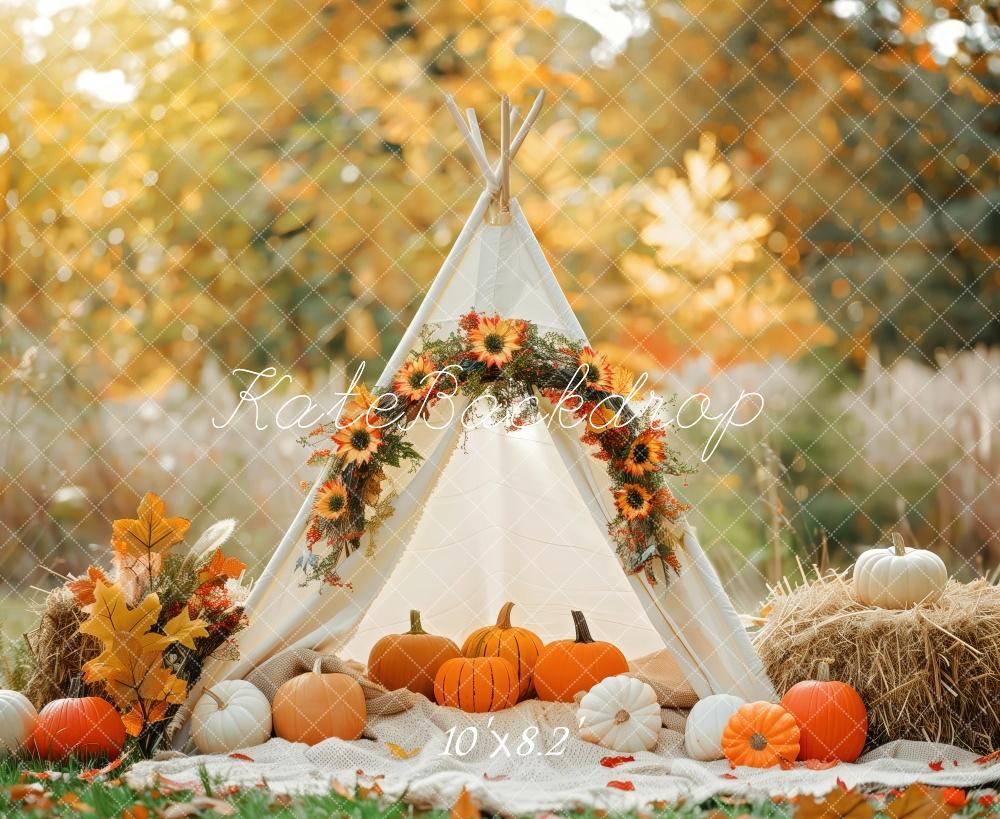 Kate Autumn Teepee Pumpkins Hay Bales Backdrop Designed by Patty Roberts
