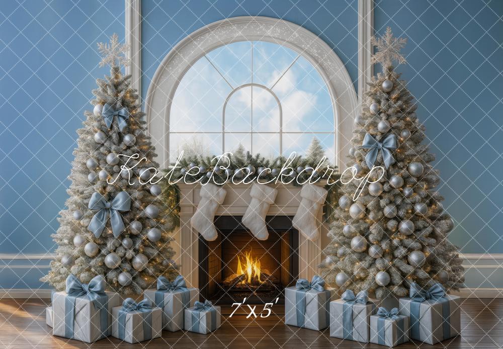Kate Christmas Tree Fireplace Blue Backdrop Designed by Mini MakeBelieve