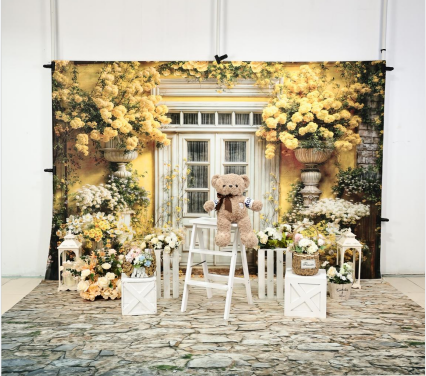 Kate Spring Yellow Flowers Wooden Doors Backdrop+Rugged Patterned Path Floor for Photography