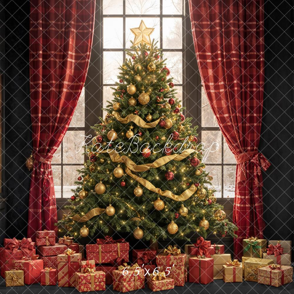 Kate Christmas Tree Presents Red Curtains Backdrop Designed by Emetselch - Kate Backdrop AU