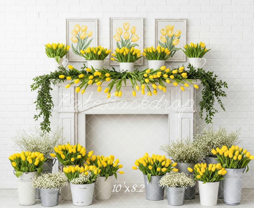 Kate Yellow Tulips White Brick Fireplace Backdrop Designed by Patty Roberts