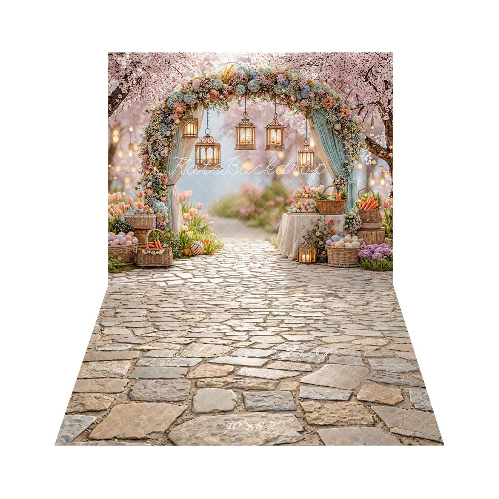Kate Easter Egg Flower Arch Lanterns Backdrop+Cobblestone Floor Texture Backdrop