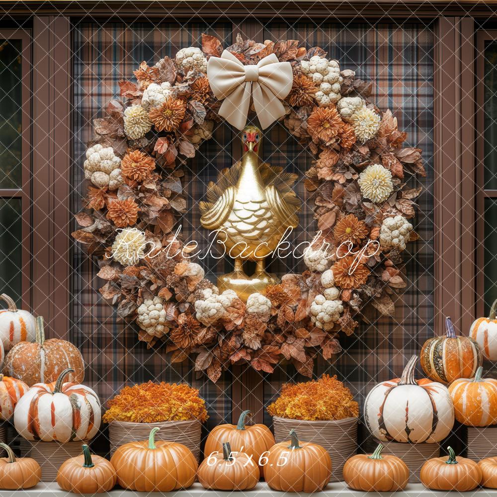 Kate Autumn Wreath Pumpkins Plaid Backdrop Designed by Mini MakeBelieve - Kate Backdrop AU