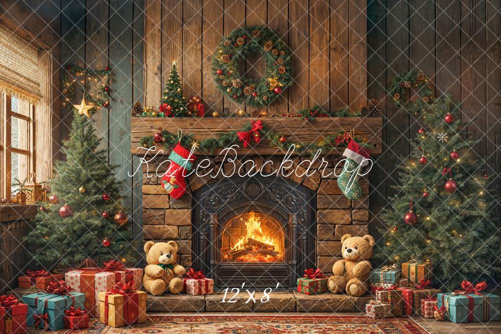 Kate Christmas Fireplace Trees Presents Fleece Backdrop Designed by Emetselch