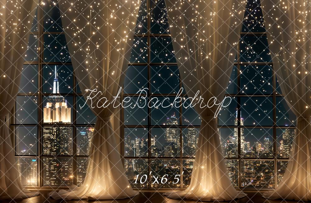 Kate City Night Window Curtains Lights Fleece Backdrop Designed by Chain