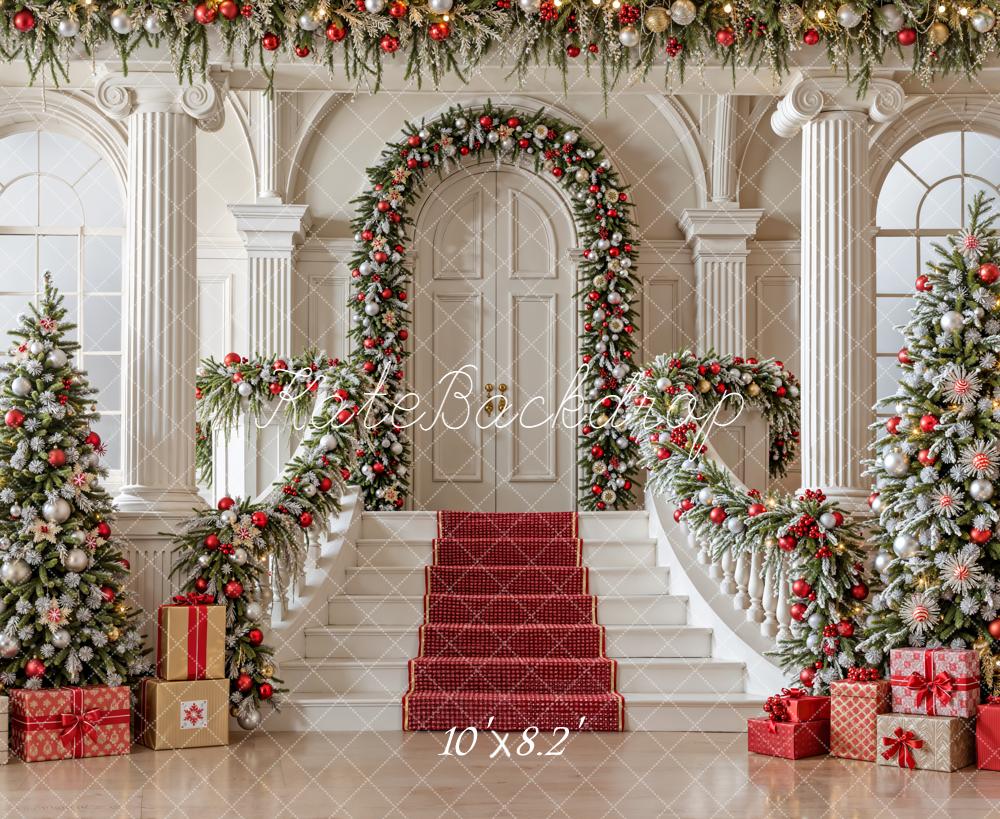 Kate Christmas Cascading Stairs Trees Backdrop Designed by Emetselch