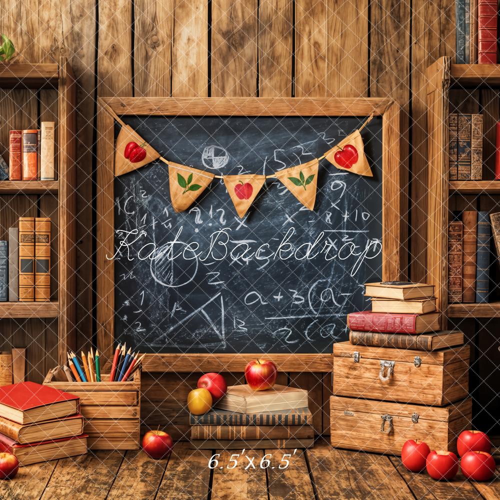 Kate Back to School Blackboard Books Apples Wooden Shelves Backdrop Designed by Emetselch - Kate Backdrop AU