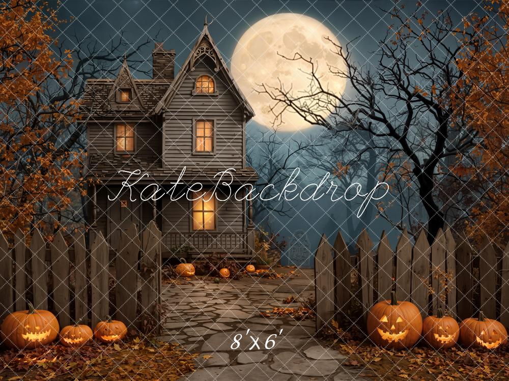 Kate Halloween Haunted House Pumpkins Full Moon Fleece Backdrop Designed by Emetselch