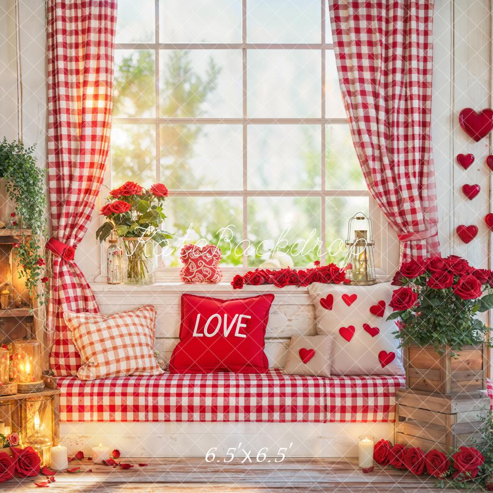 Kate Valentine Window Bench Red Gingham Backdrop Designed by Emetselch