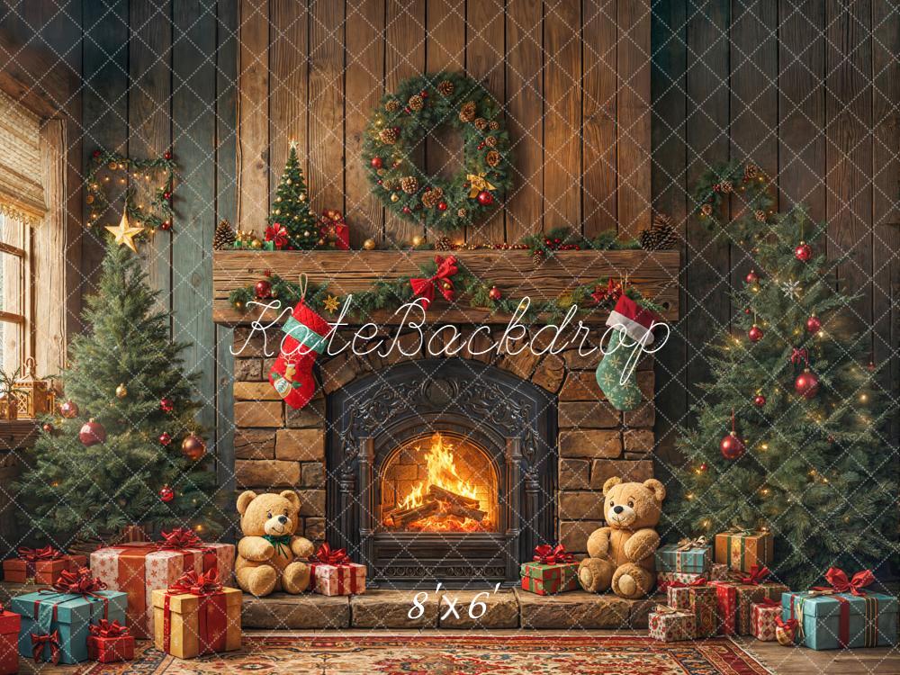 Kate Christmas Fireplace Trees Presents Fleece Backdrop Designed by Emetselch