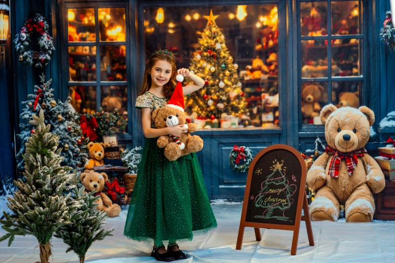 Kate Teddy Bear Store Christmas Tree Backdrop+Snow Floor Backdrop for Photography