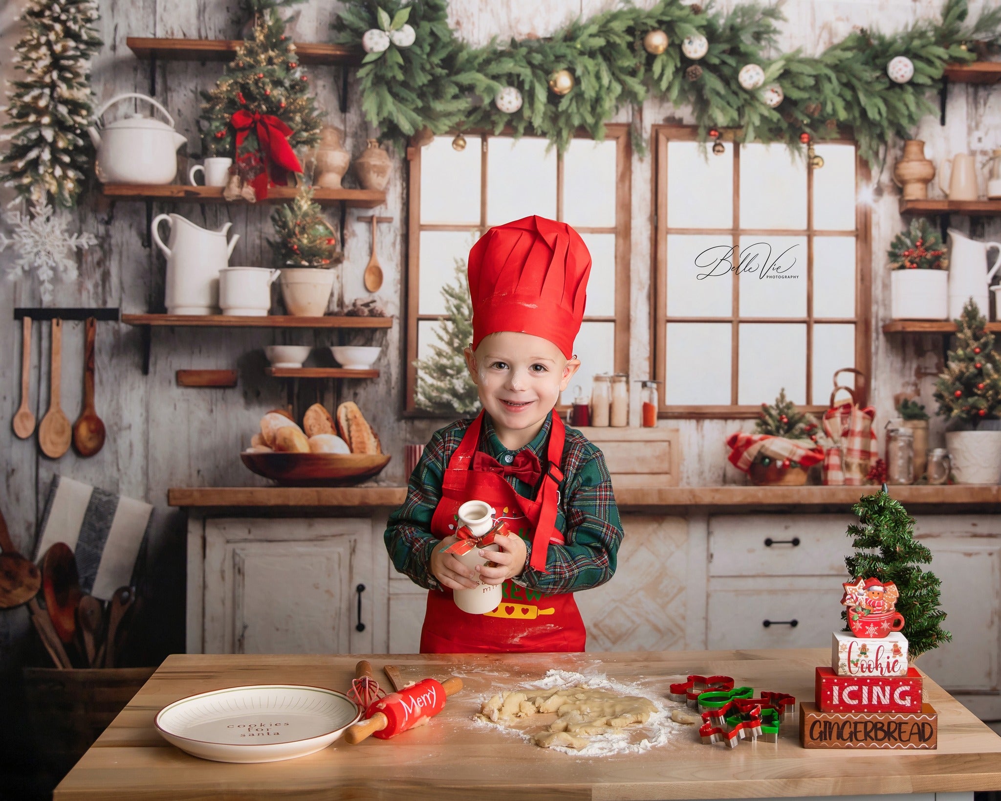 Kate White Christmas Kitchen Backdrop+Brown Wood Herringbone Floor Backdrop