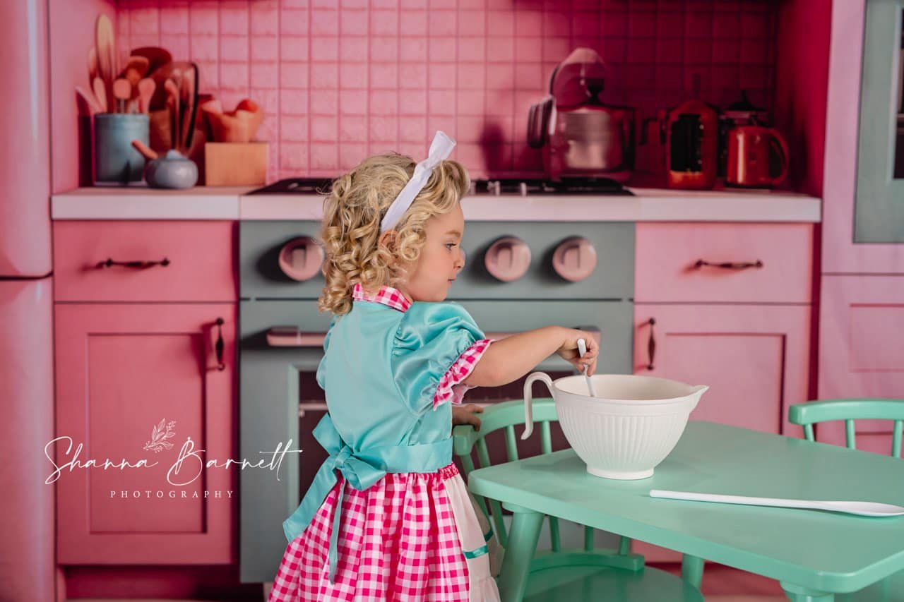 Kate Pink Dollhouse Kitchen Backdrop Designed by Mandy Ringe Photography - Kate Backdrop AU