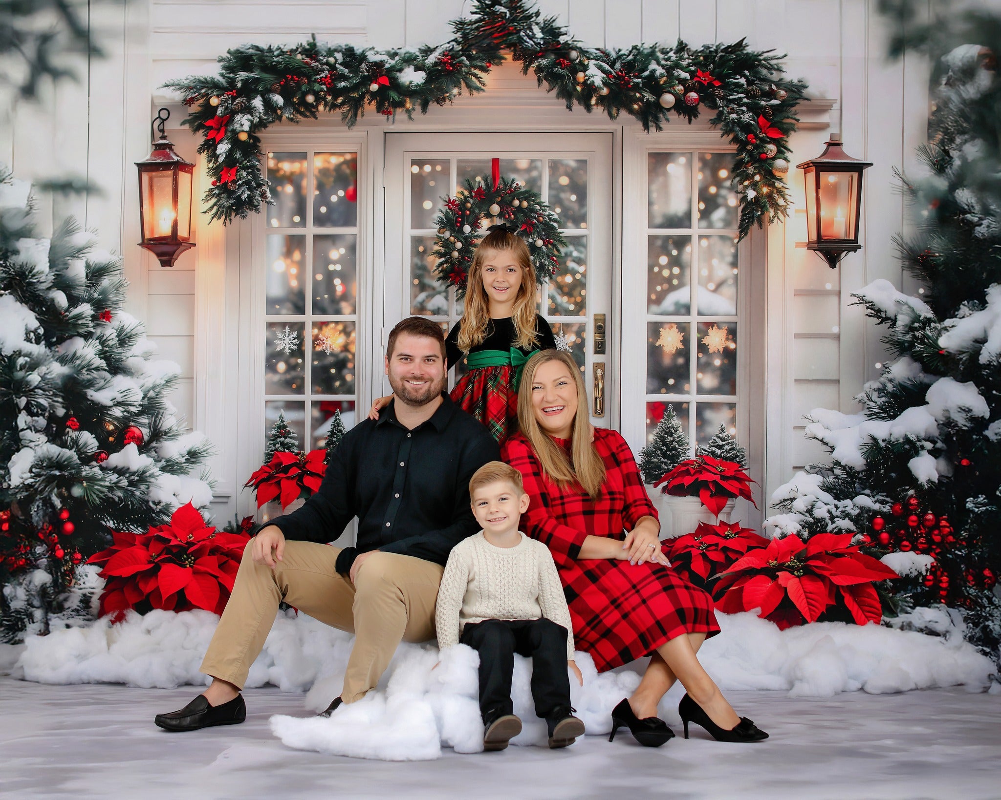 Kate Christmas Snowy Door Wreath Poinsettias Backdrop Designed by Emetselch