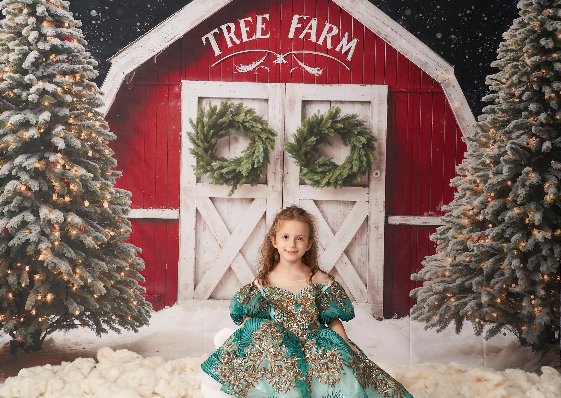 Kate Winter Christmas Tree Farm Backdrop Red Barn Designed by Chain Photography