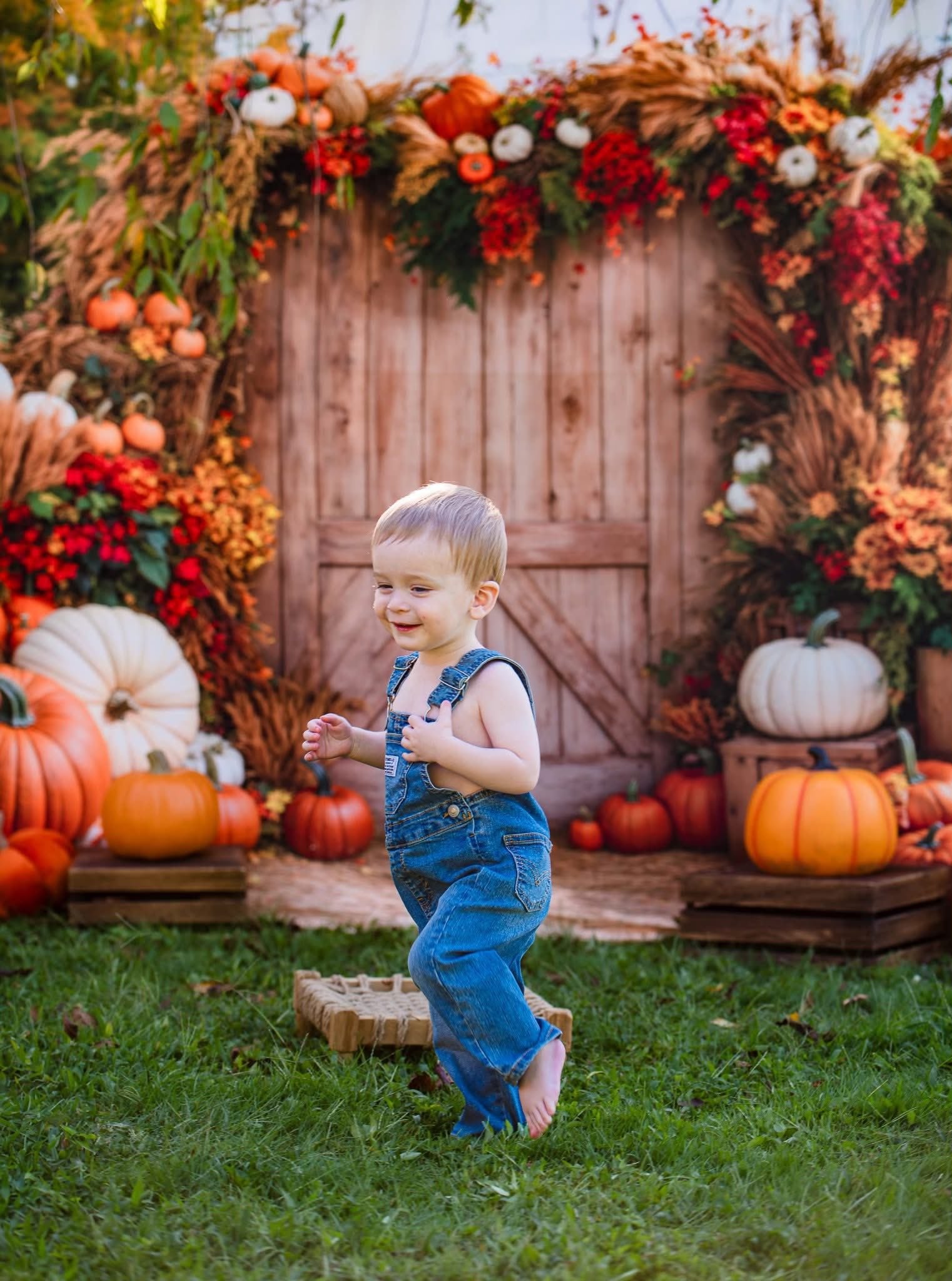 Kate Autumn Backdrop Pumpkins Hay Bales Barn Door Designed by Emetselch
