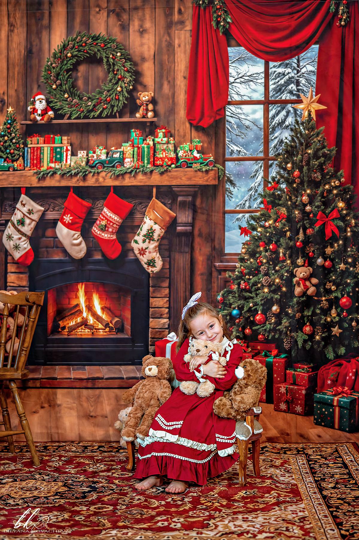 Kate Christmas Fireplace Tree Stockings Presents Backdrop Designed by Emetselch