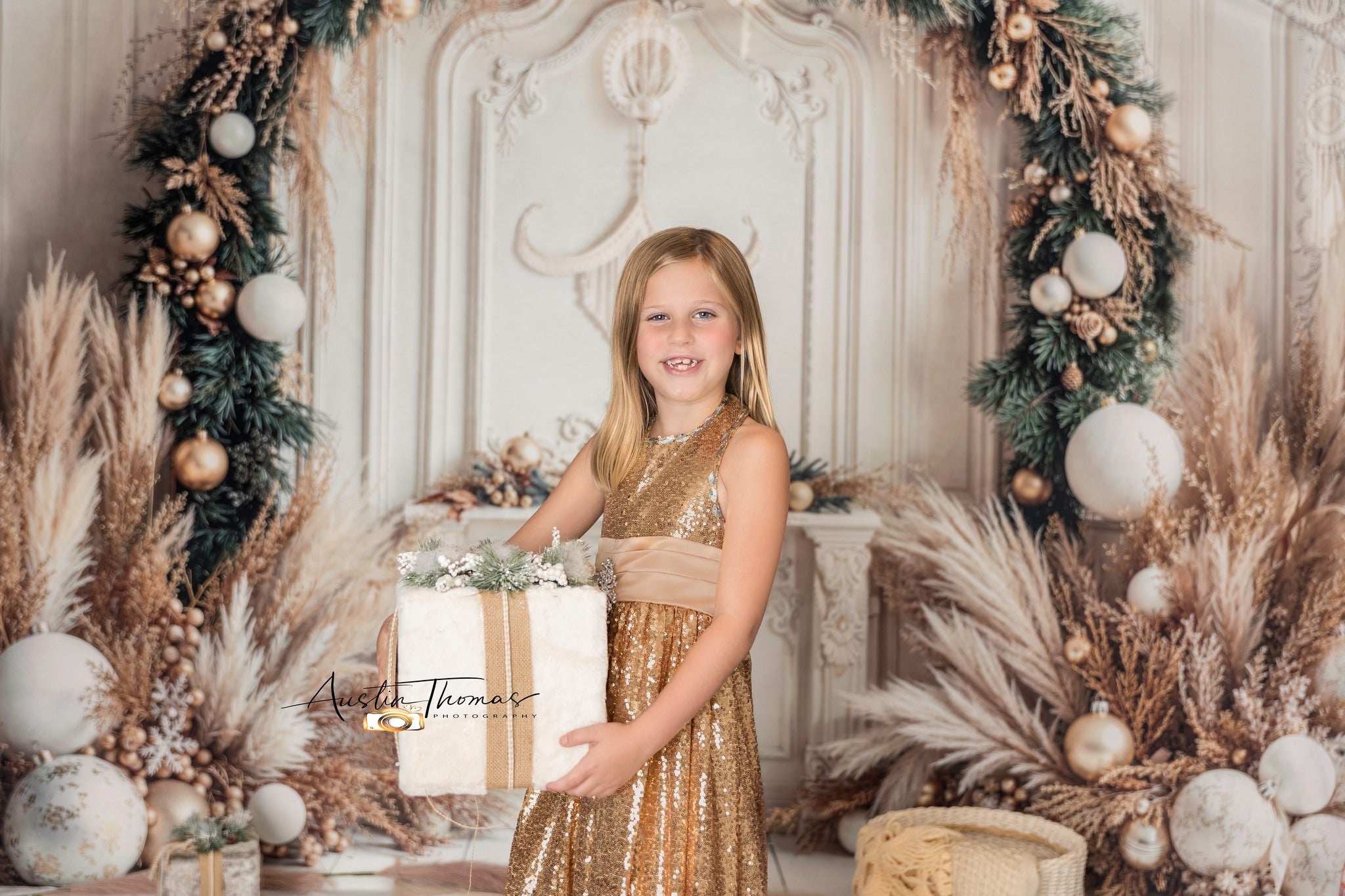 Kate Christmas Arch Pampas Grass White Backdrop Designed by Emetselch