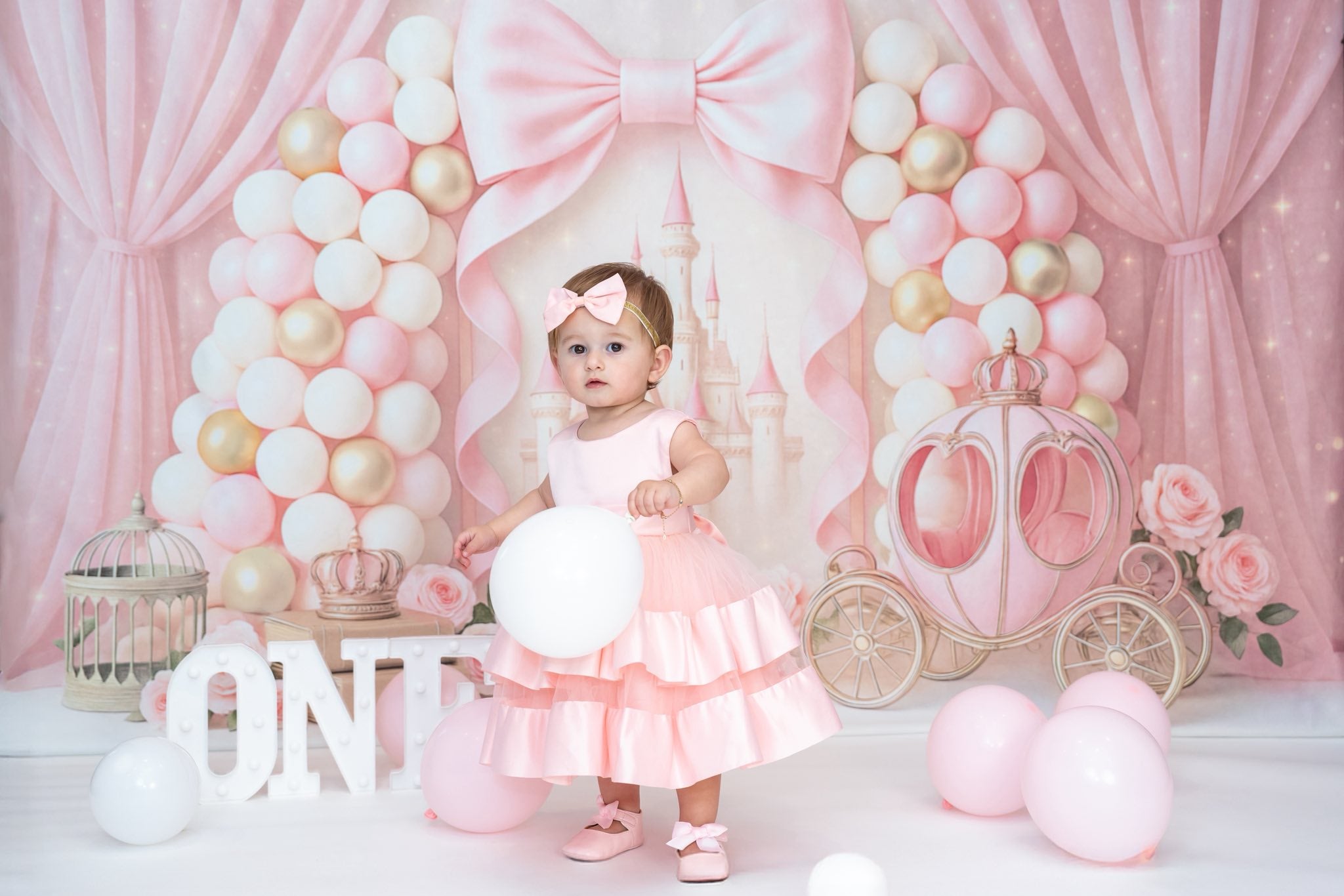 Kate Pink Bow Princess Castle Carriage Backdrop Designed by Ashley Paul - Kate Backdrop AU