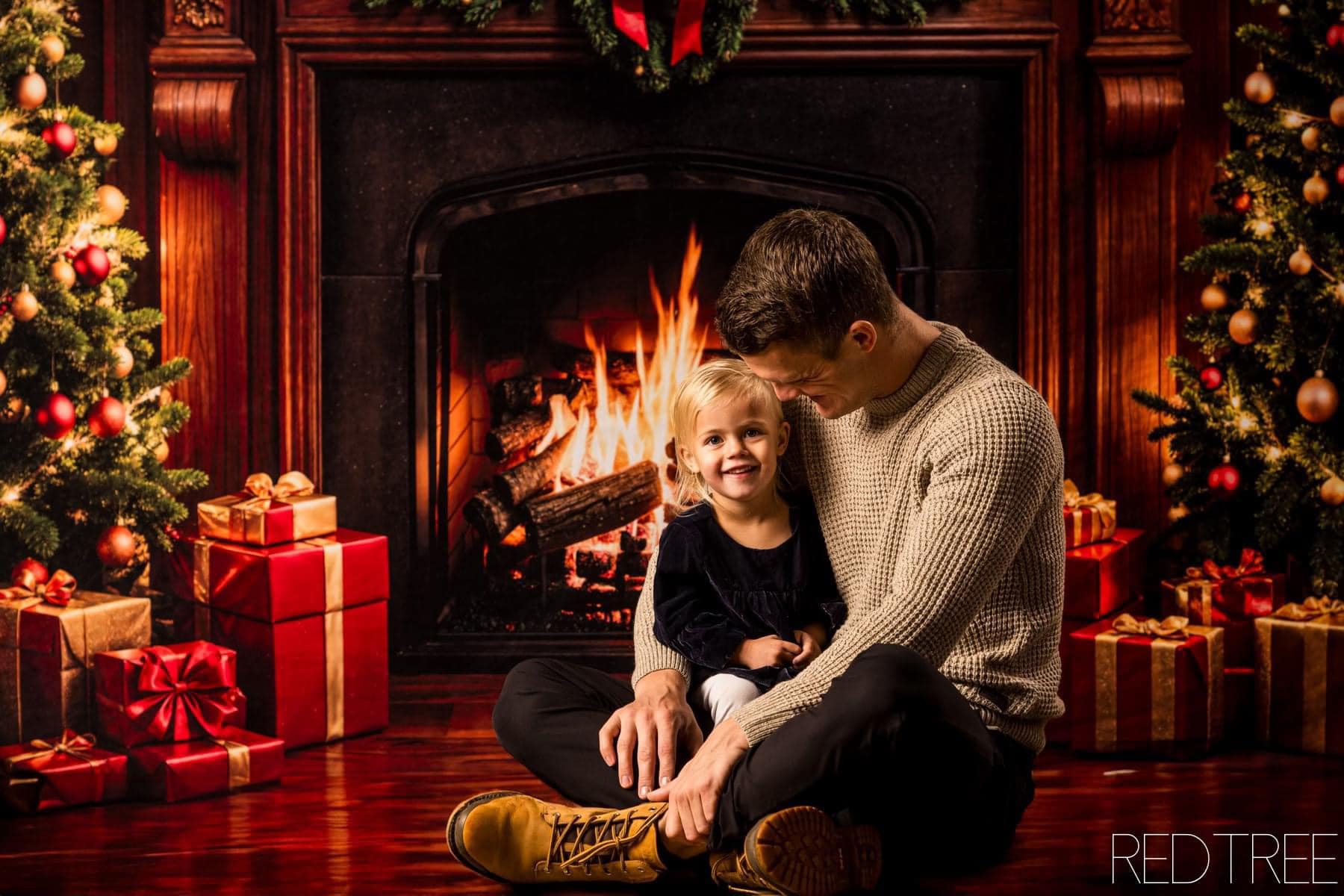 Kate Christmas Fireplace Tree Retro Backdrop+Brown Wood Texture Floor Backdrop - Kate Backdrop AU