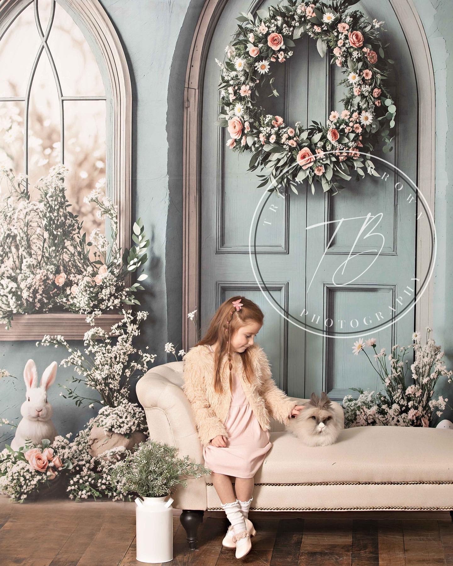 Kate Easter Bunny Floral Blue Door Backdrop Designed by Emetselch