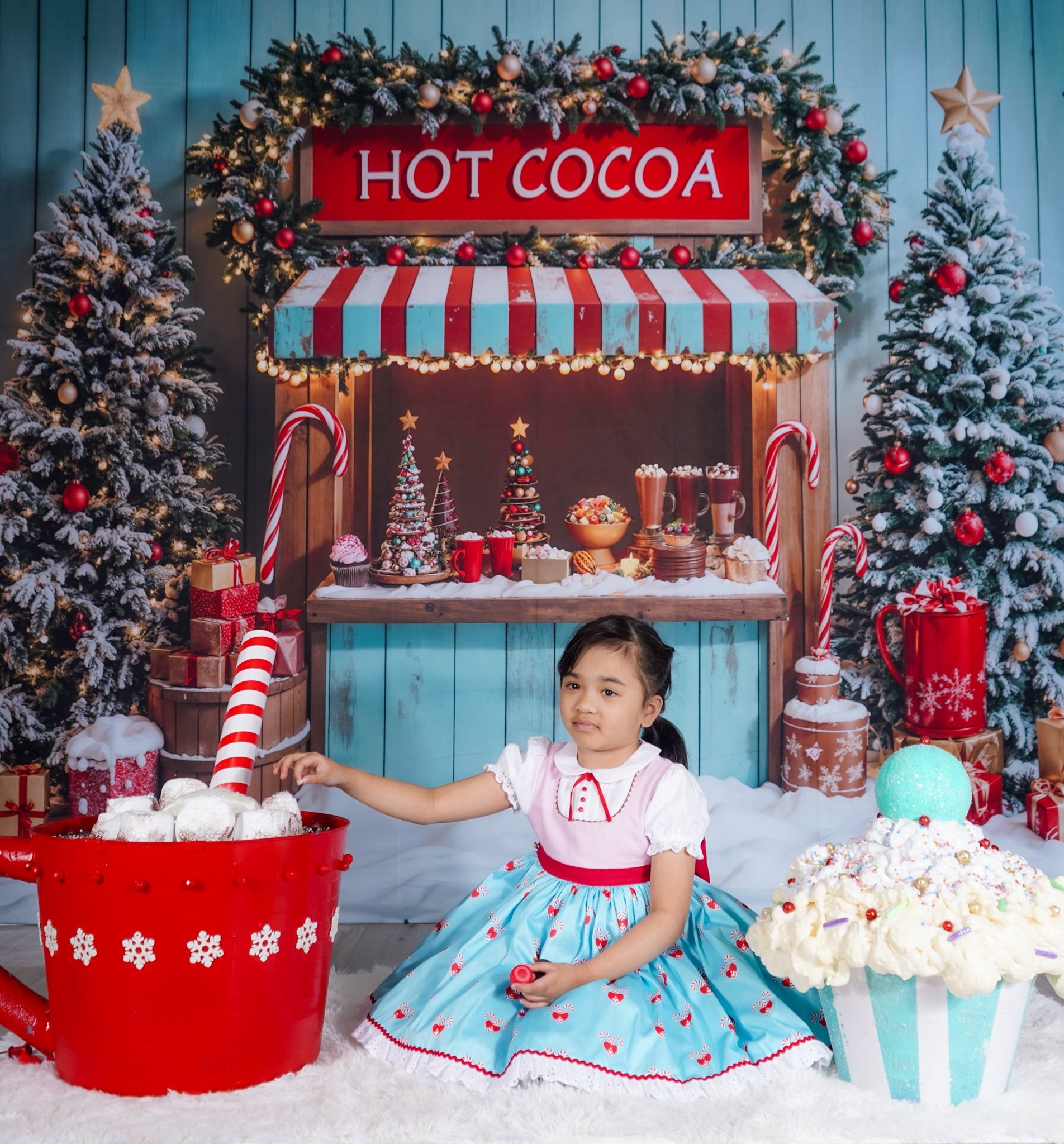 Kate Christmas Hot Cocoa Stand Snowy Trees Backdrop Designed by Emetselch