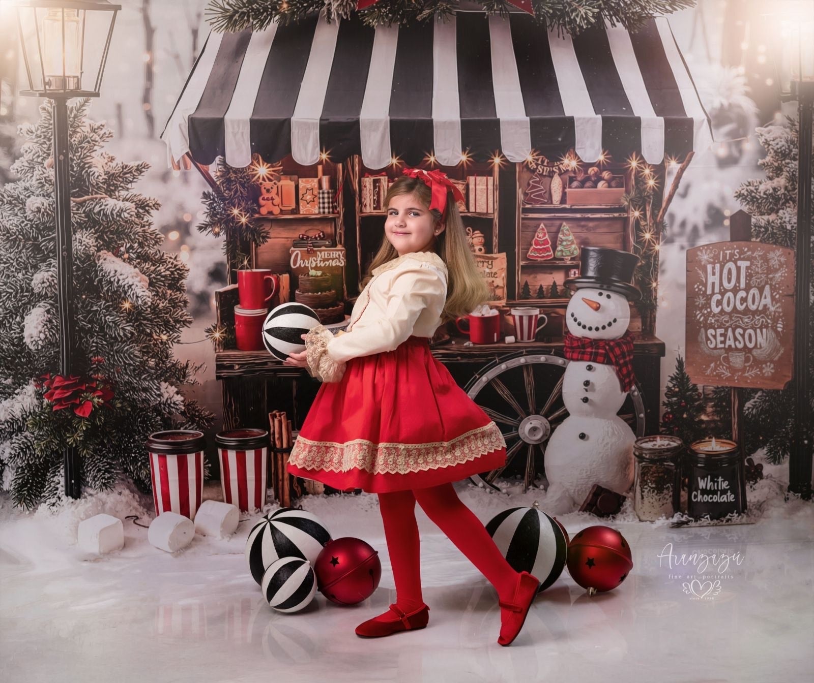 Kate Christmas Hot Cocoa Stand Backdrop+Snow Floor Backdrop