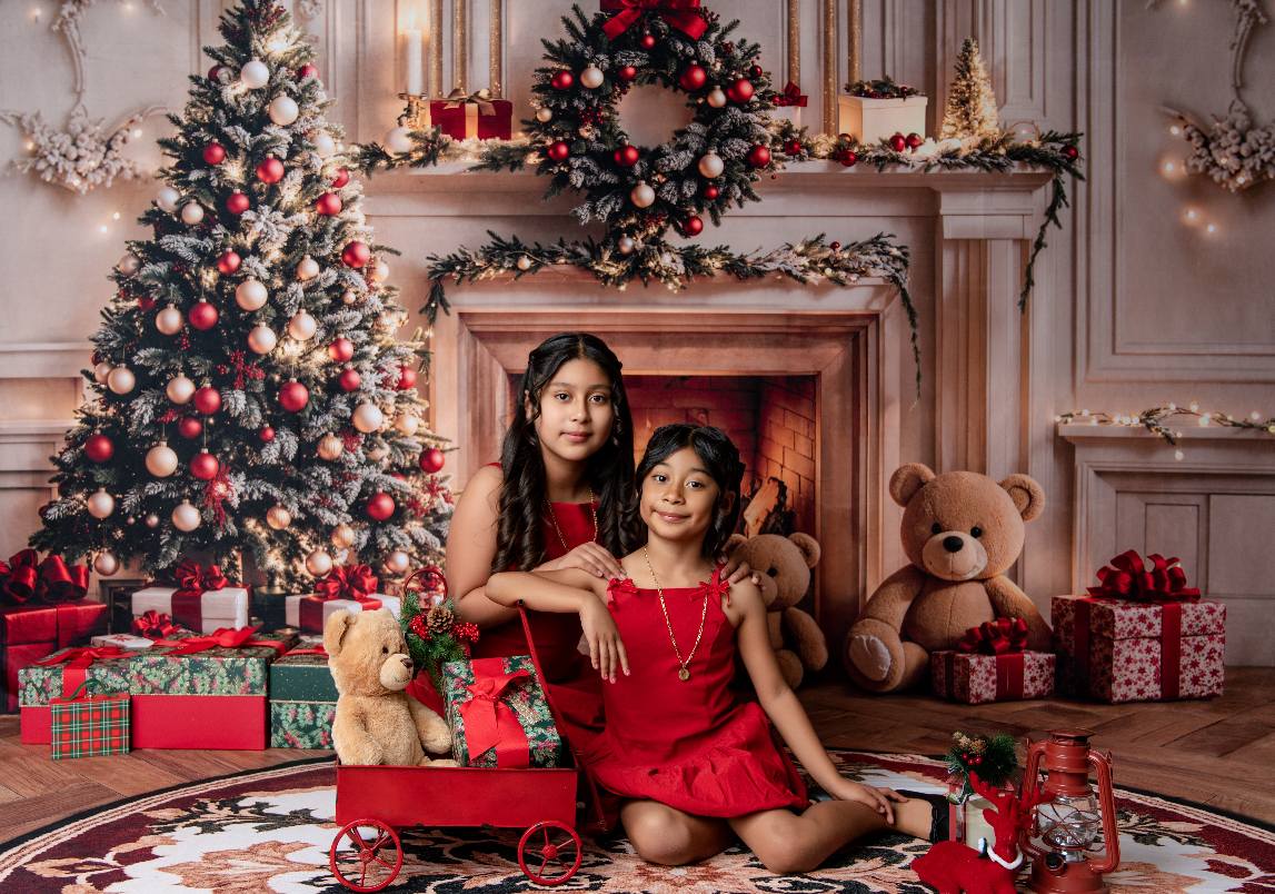 Kate Christmas Tree Fireplace Flame Backdrop+Retro Circular Pattern Floor Backdrop - Kate Backdrop AU