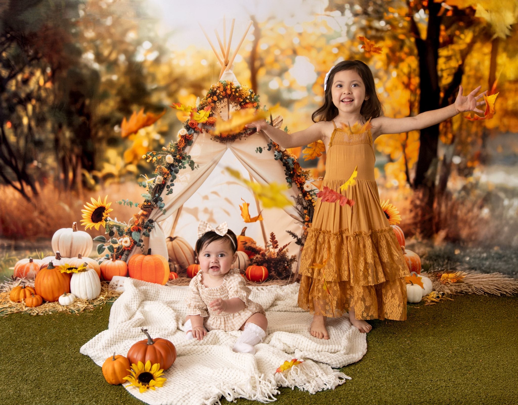 Kate Fall Teepee Pumpkins Sunflowers Backdrop Designed by Patty Roberts