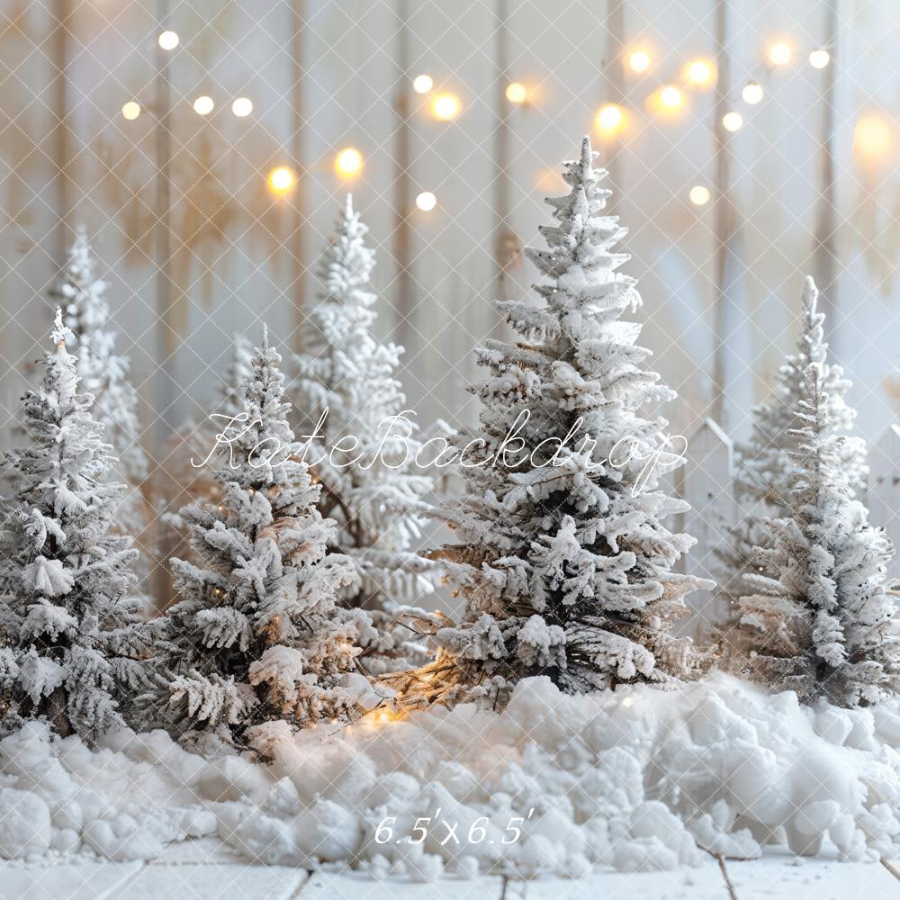 Kate Winter Snow Pine Trees Lights Backdrop Designed by Emetselch