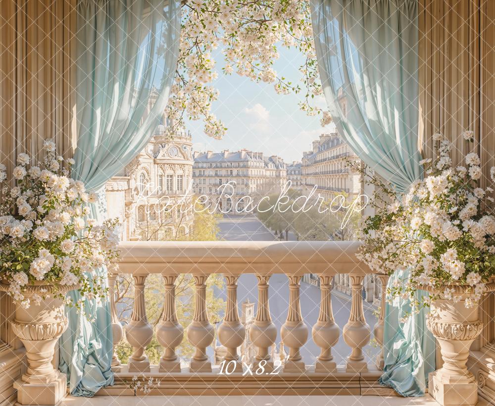 Kate Paris Balcony Blossom Flowers Blue Curtains Backdrop Designed by Emetselch