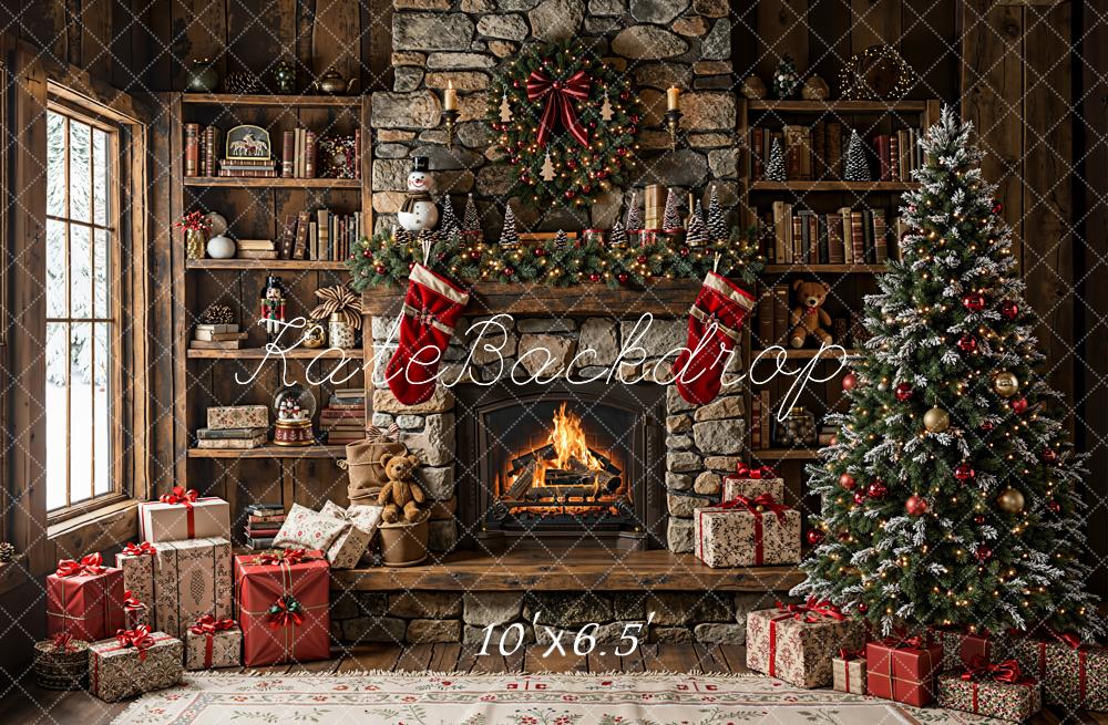 Kate Christmas Fireplace Bookshelves Tree Fleece Backdrop Designed by Emetselch - Kate Backdrop AU