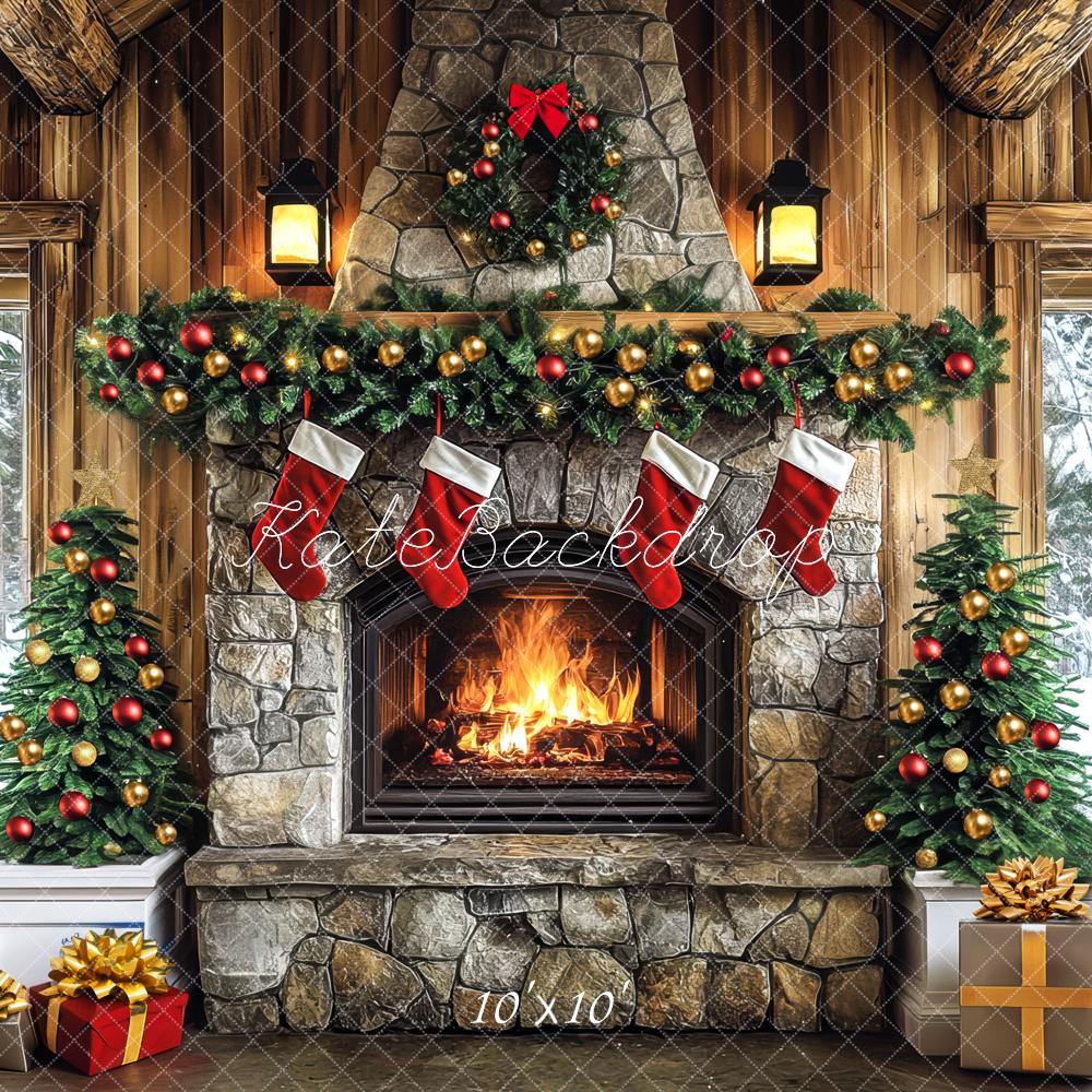 Kate Christmas Fireplace Stone Wall Backdrop Designed by Mini MakeBelieve - Kate Backdrop AU