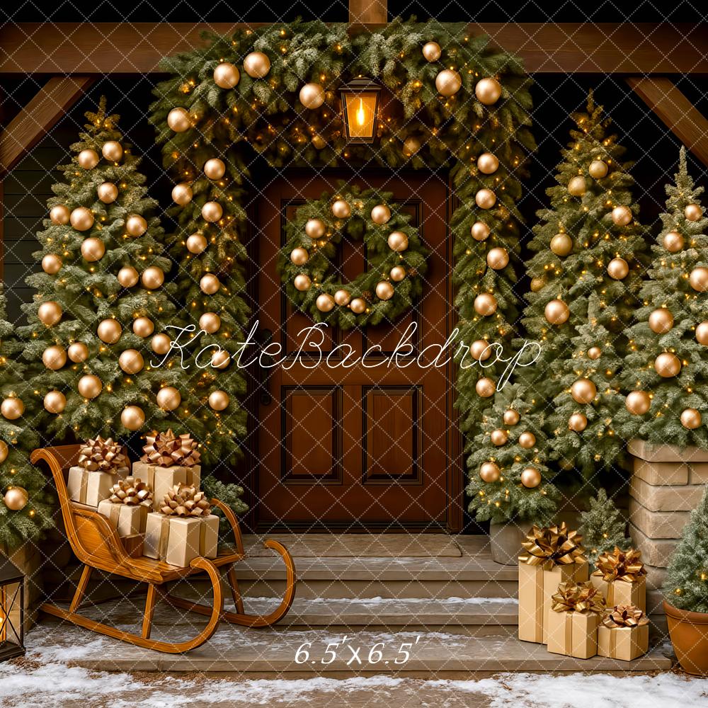 Kate Christmas Porch Trees Presents Sled Backdrop Designed by Mini MakeBelieve - Kate Backdrop AU