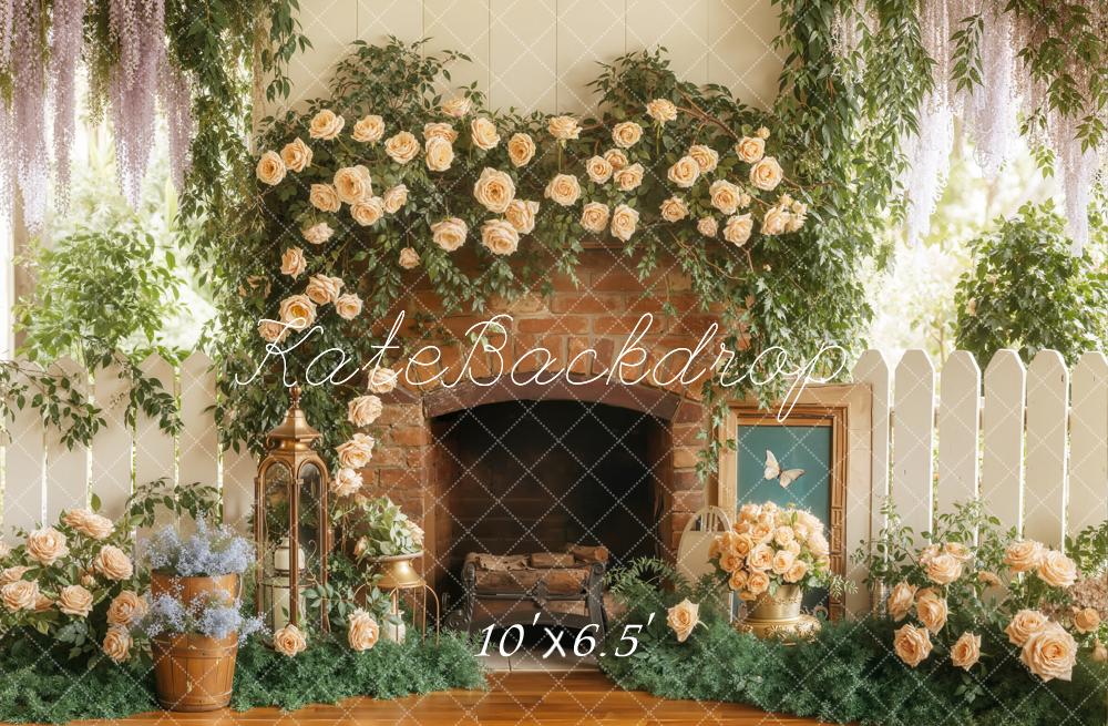 Kate Fireplace Spring Flower Fleece Backdrop Designed by Emetselch