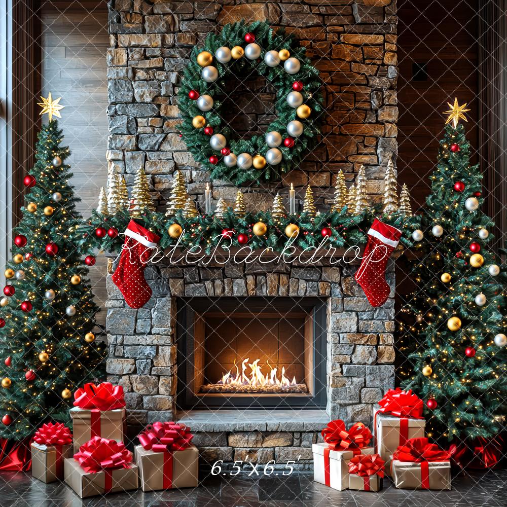 Kate Fireplace Christmas Trees Presents Backdrop Designed by Mini MakeBelieve - Kate Backdrop AU