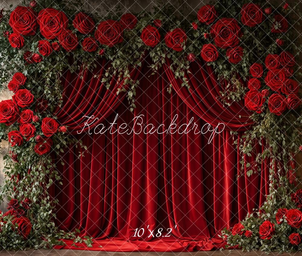 Kate Red Roses Curtains Fleece Backdrop Designed by Emetselch