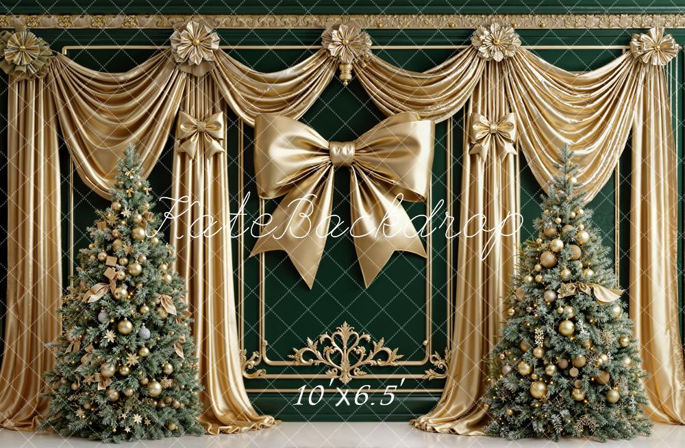 Kate Christmas Gold Drapes Bow Trees Fleece Backdrop Designed by Emetselch