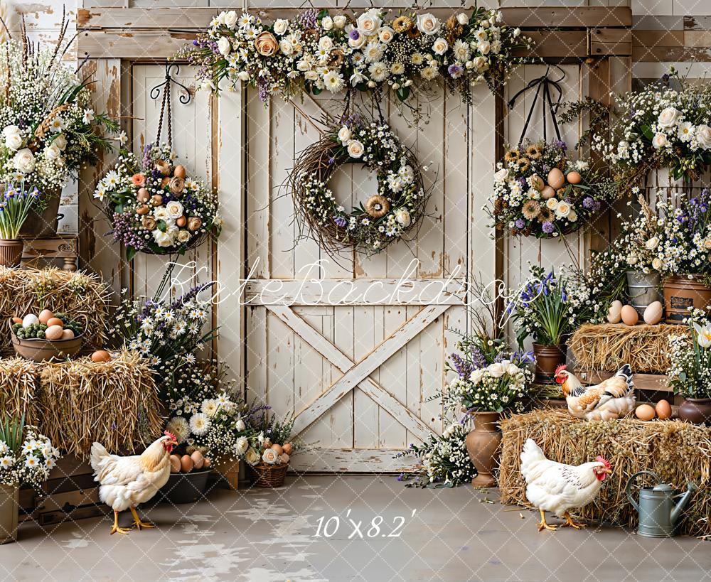 Kate Farmhouse Easter Eggs Chickens Hay Backdrop Designed by Emetselch