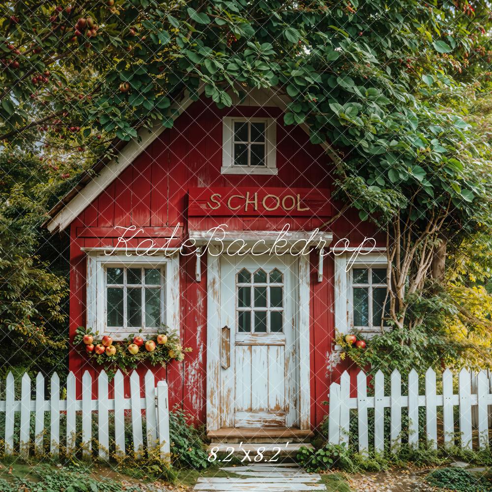 Kate Back to School Red Cottage Apples Fence Backdrop Designed by Emetselch - Kate Backdrop AU