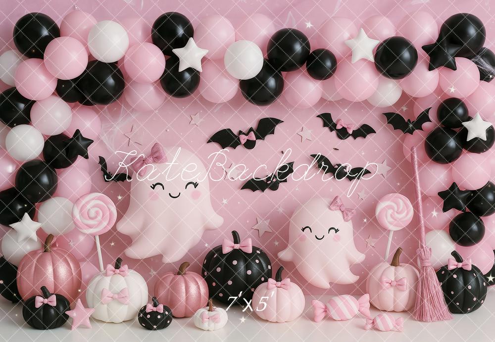 Kate Halloween Ghost Balloons Pumpkins Backdrop Designed by Ashley Paul - Kate Backdrop AU