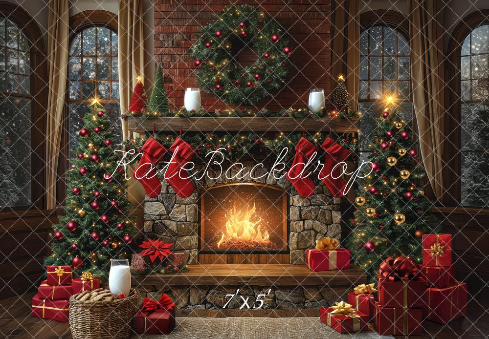 Kate Fireplace Christmas Trees Backdrop Designed by Mini MakeBelieve