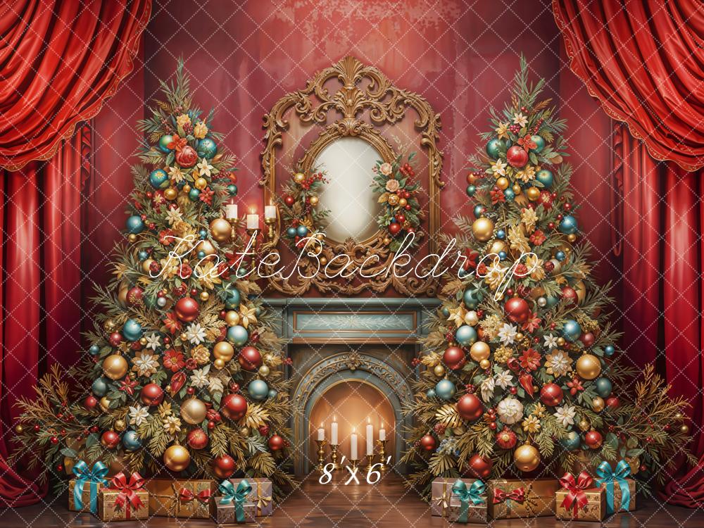 Kate Christmas Tree Fireplace Red Curtains Fleece Backdrop Designed by Emetselch - Kate Backdrop AU